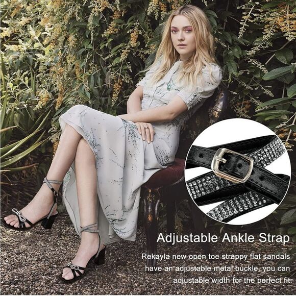 NIB Sparkly Rhinestone Bow & Buckle Ankle Straps Square Toe Chunky Heels - Picture 5 of 14